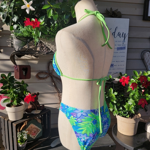 CHRISTINA ♡ Gorgeous 2pc Blue 'n Green Floral String Bikini Top Swimsuit XL - Picture 13 of 17